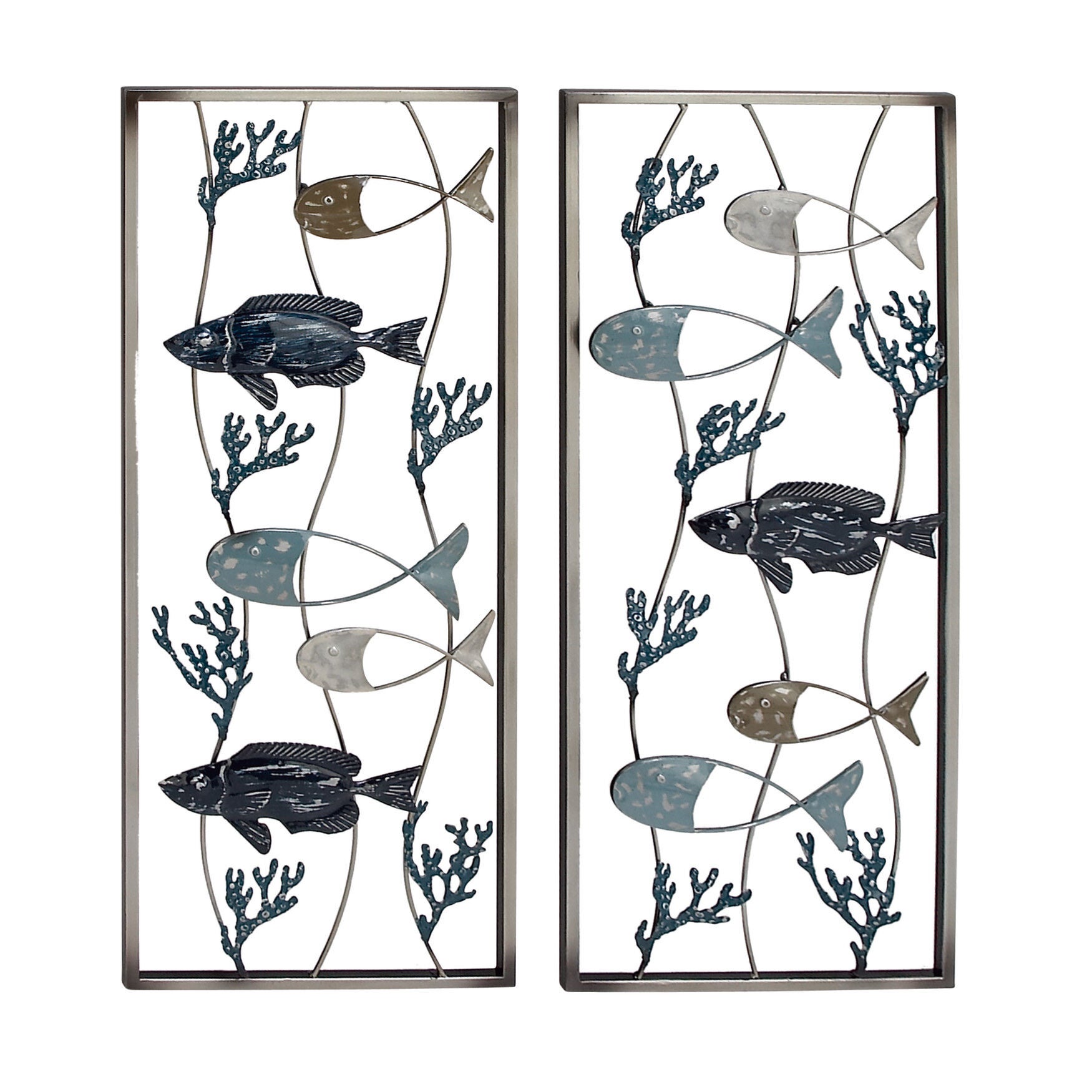 Set Of 2 Metal Coastal Fish Wall Decor, BLUE, hi-res image number 0