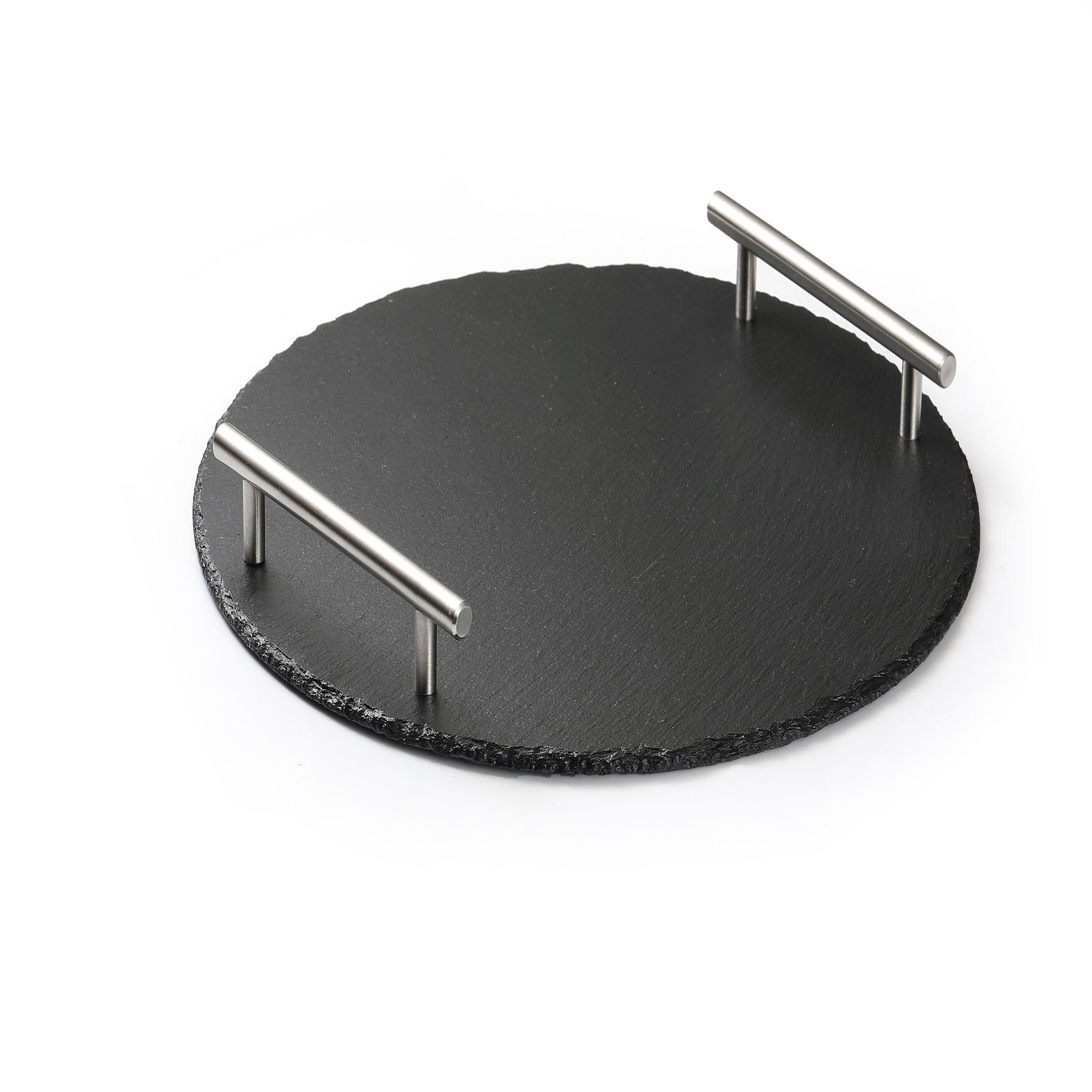 Rounde Slate Stone Serving Tray With Stainless Steel Handkles - Kit, , on-hover image number 1