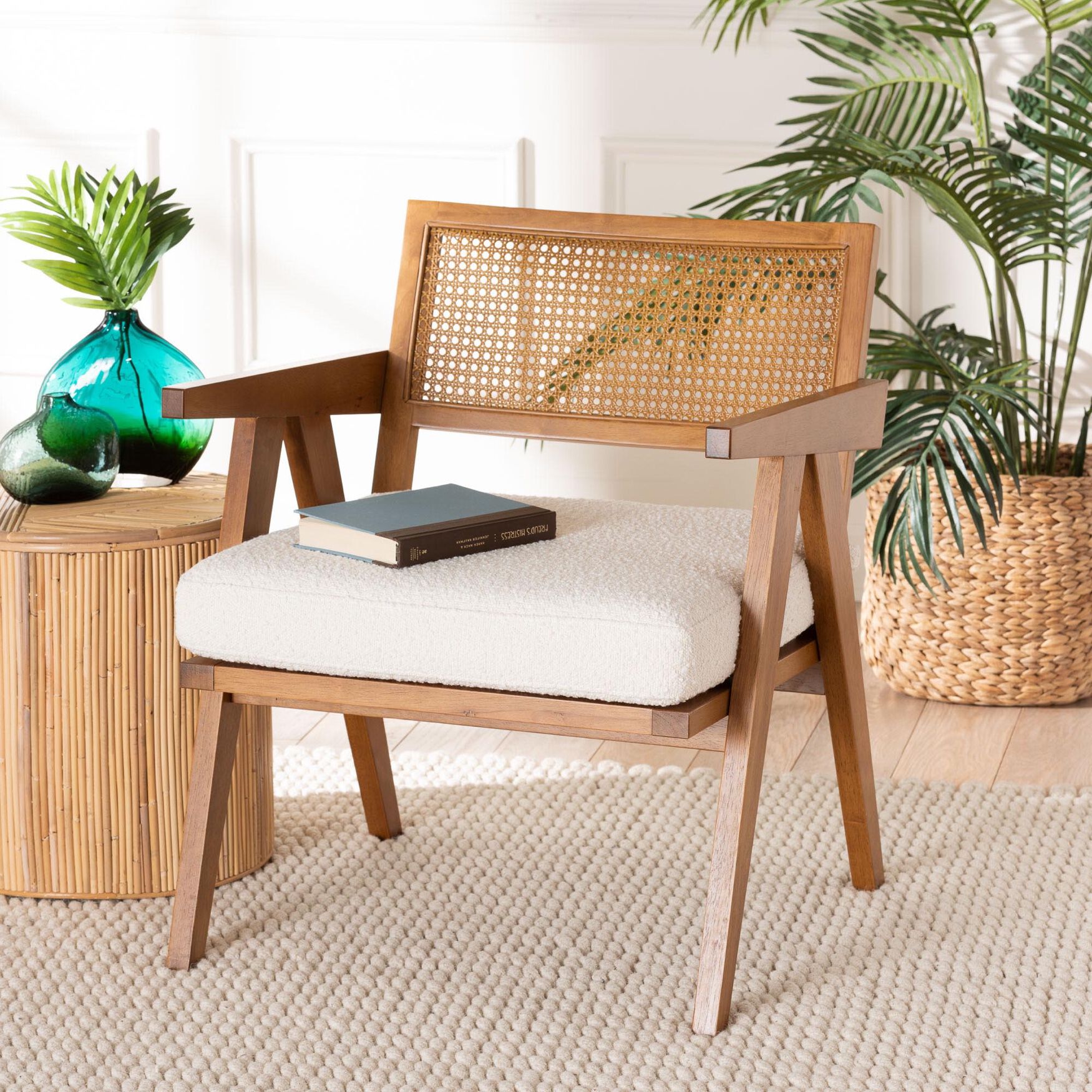Jetsam Japandi Cream Boucle Fabric and Walnut Brown Finished Wood Arm Chair, , alternate image number 12