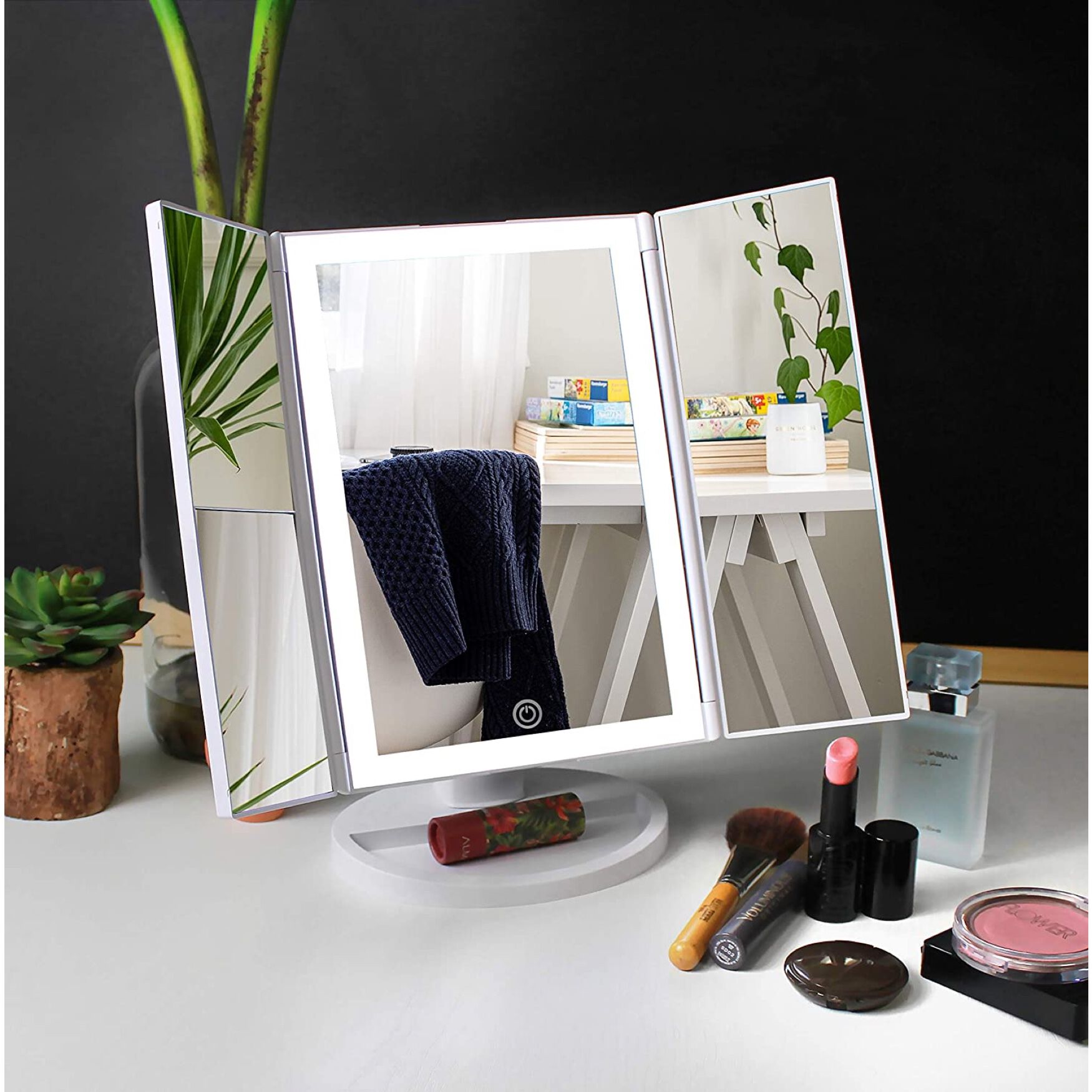 Tri-Fold Makeup Mirror With 3-Color Led Lighting, O, hi-res image number 0