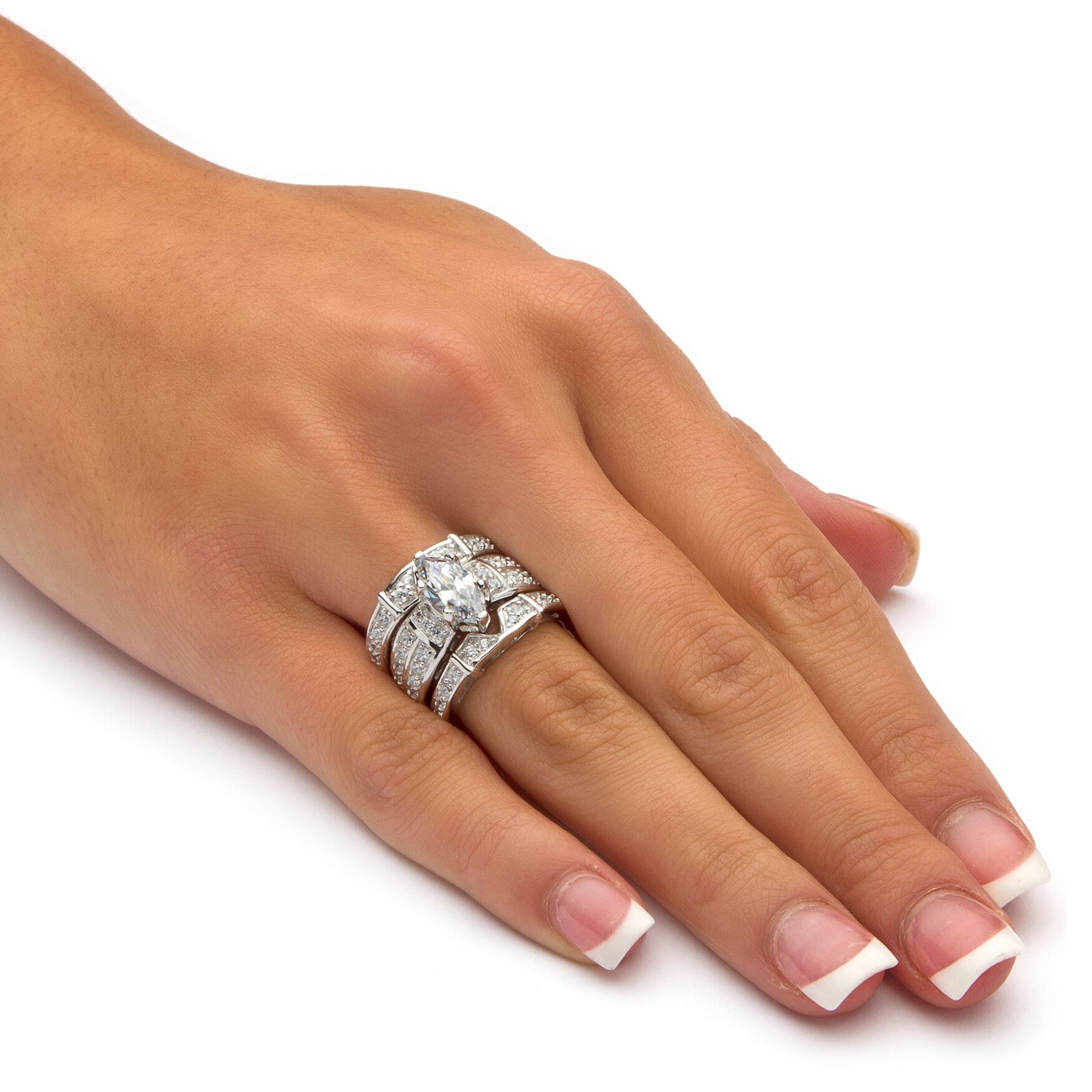 Silver Marquise Cut 3 Piece Multi Row Bridal Ring Set Cubic Zirconia, , alternate image number 2