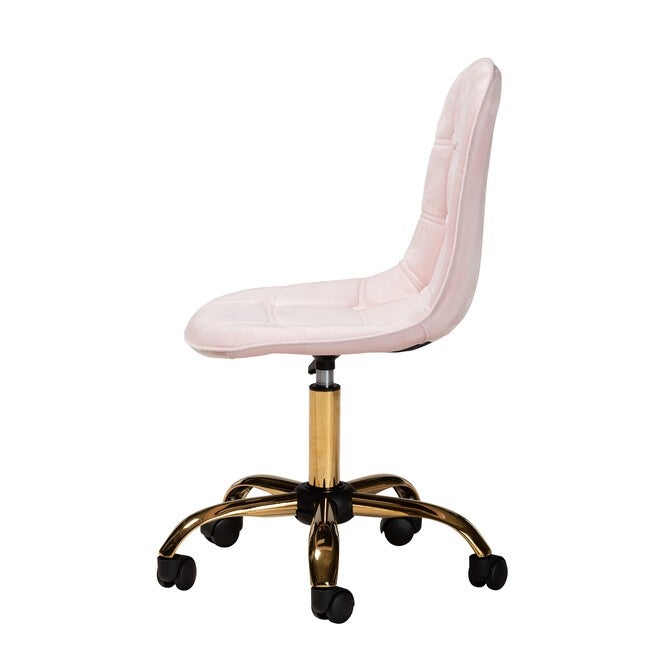 Kabira Contemporary Glam And Luxe Blush Pink Velvet Fabric And Gold Metal Swivel Office Chair, , alternate image number 8