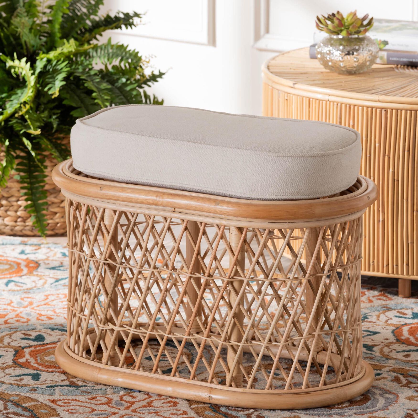 Ladonna Bohemian Natural Rattan Ottoman Footstool, , alternate image number 5