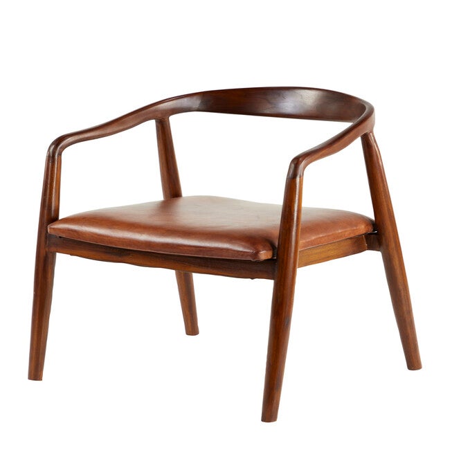 Brown Leather And Teak Contemporary Dining Chair Dining Chair, BROWN, hi-res image number null