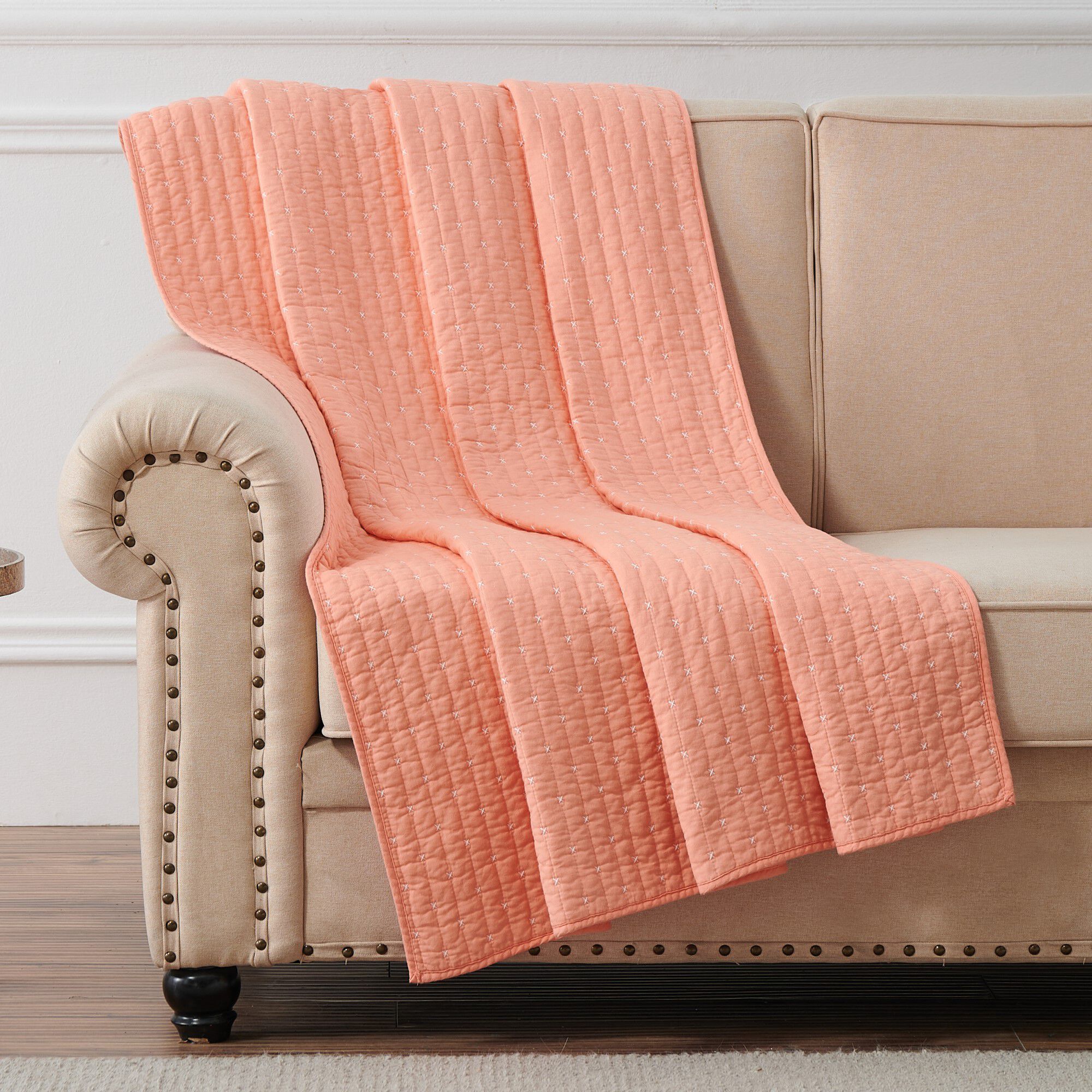 Monterrey Solid Textured Quilted Throw Blanket, Coral, CORAL, hi-res image number 0