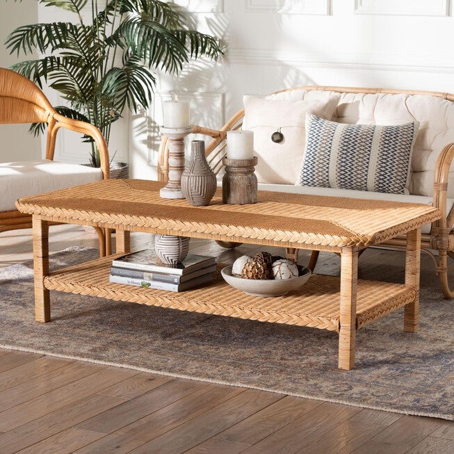 Minahasa Bohemian Light Honey Braided Rattan Coffee Table, LIGHT, hi-res image number null