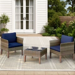 3-Piece Wicker Patio Conversation Set with Blue Cushions