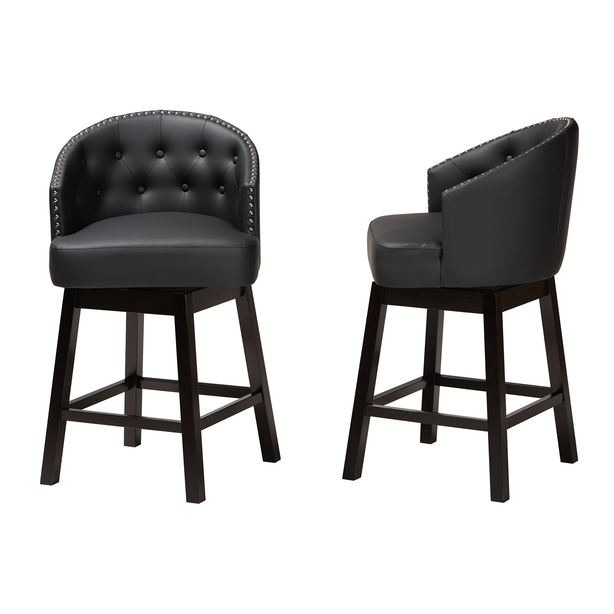 Theron Mid-Century Transitional Black Faux Leather and Espresso Brown Finished Wood 2-Piece Swivel Counter Stool Set, BROWN, alternate image number 4