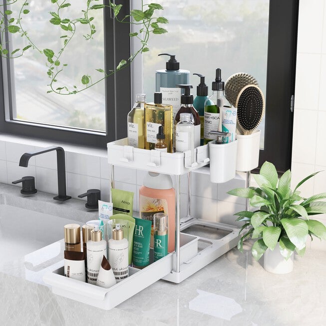 2 Shelf Under Sink Organizer W/ Drawer, WHITE, hi-res image number null