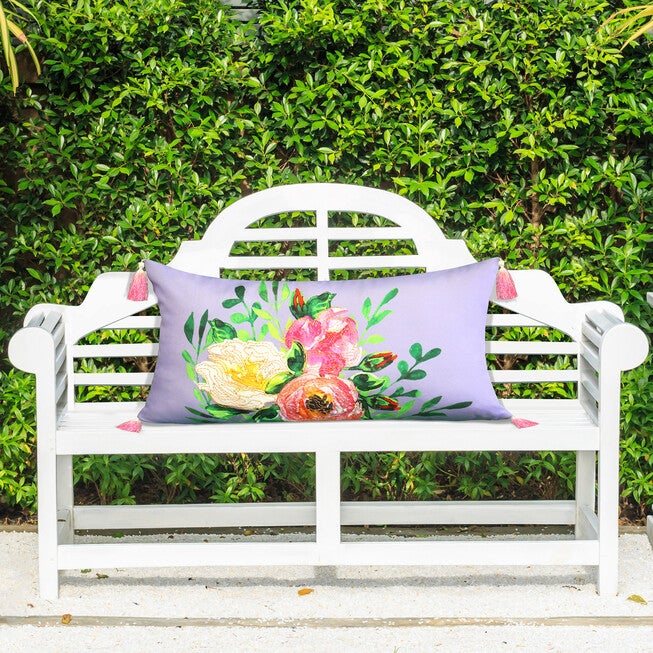 Edie @ Home Indoor/Outdoor Rose Print With Embroidery And Ombre Tassels Decorative Throw Pillow 14X26, Lavender, , on-hover image number 1