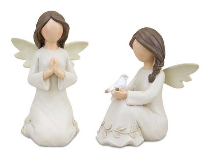 Beige Angel Figurine with Raised Floral Accent (Set of 3), WHITE/BROWN, hi-res image number null