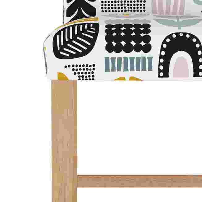 Close-up of the patterned fabric on the Helsinki Block Counter Stool, showing geometric and floral designs.