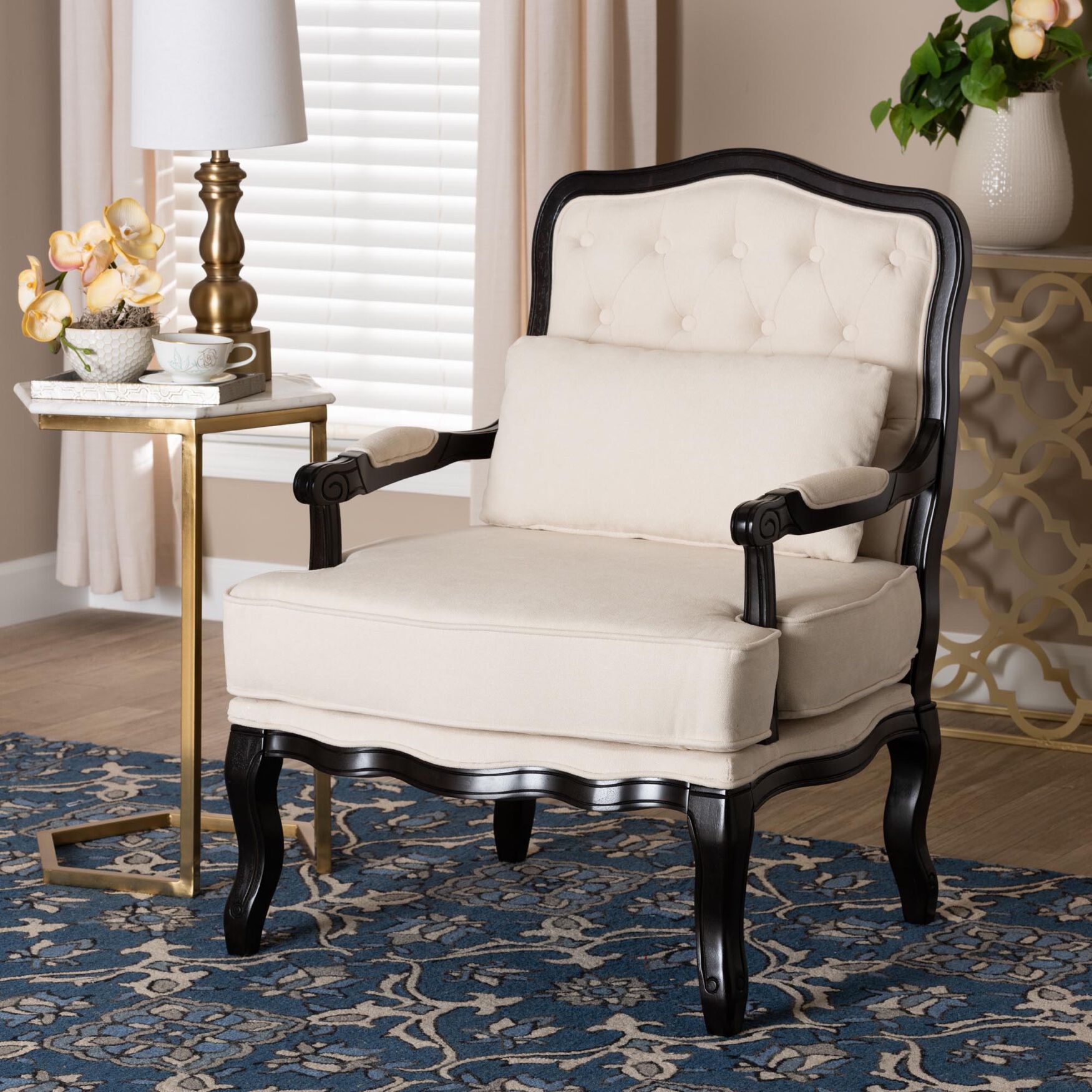 Dion Traditional French Cream Fabric And Wenge Brown Finished Wood Accent Chair, , alternate image number 7