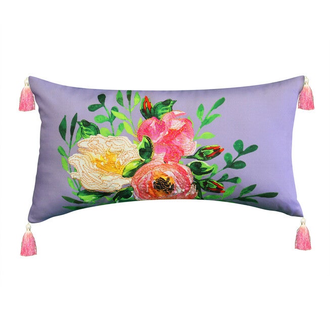 Edie @ Home Indoor/Outdoor Rose Print With Embroidery And Ombre Tassels Decorative Throw Pillow 14X26, Lavender, LAVENDER, hi-res image number 0