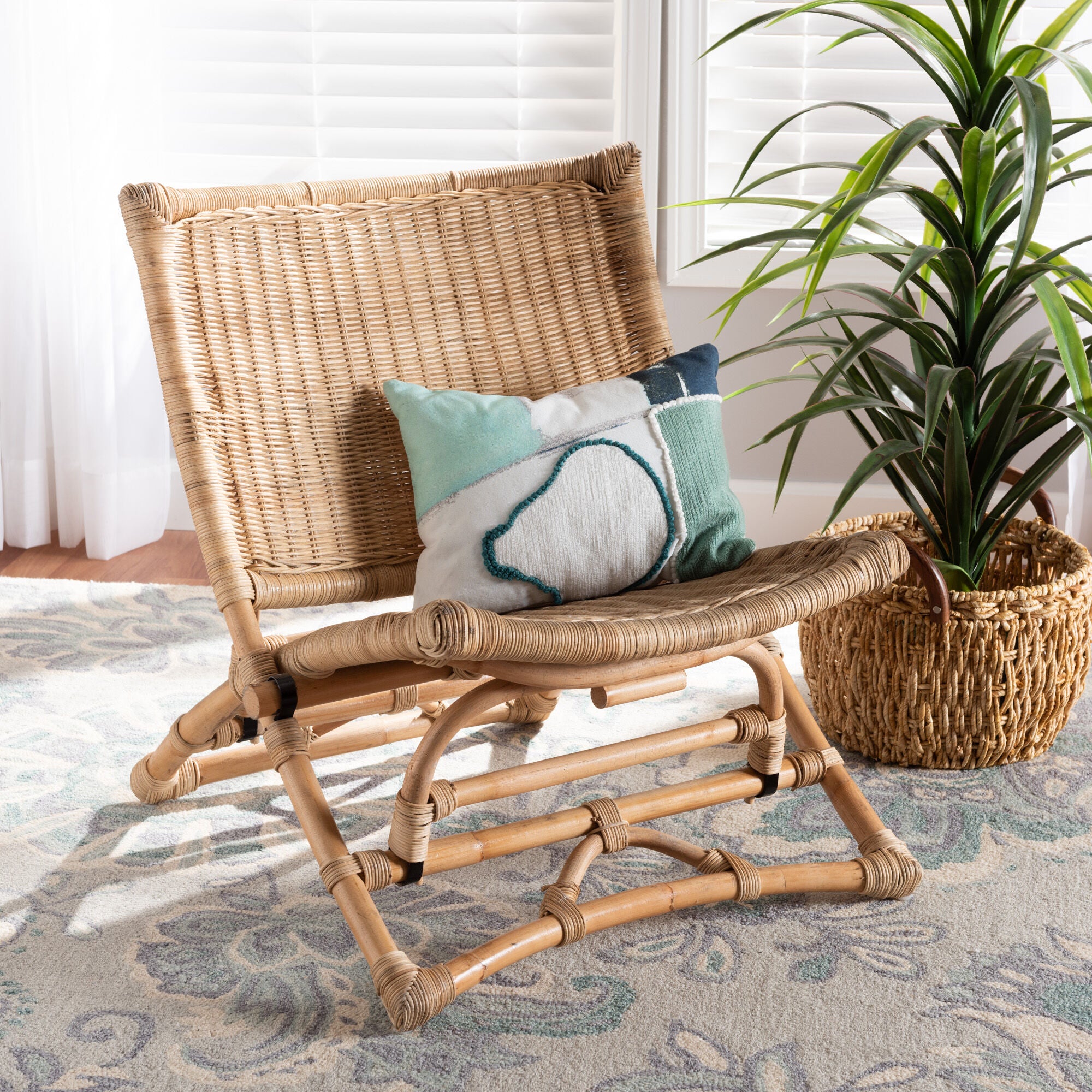 Herrara Modern Bohemian Natural Brown Antique Rattan Foldable Lounge Chair, NATURAL BROWN, hi-res image number 0