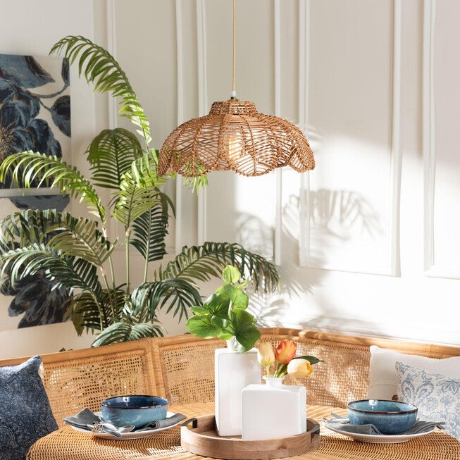 Neorah Natural Rattan Pendant Lampshade - Coastal Boho Ceiling Light Cover with Handcrafted Petal Shape, BROWN, alternate image number 2