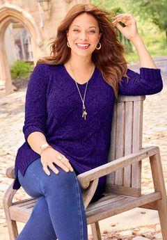 Chenille Pointelle V-Neck Pullover