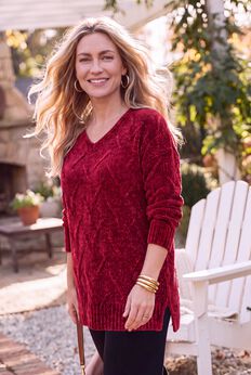 Chenille Pointelle V-Neck Pullover