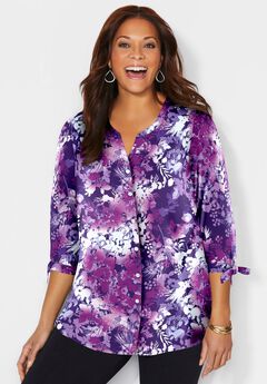 Georgette Buttonfront Tie Sleeve Cafe Blouse