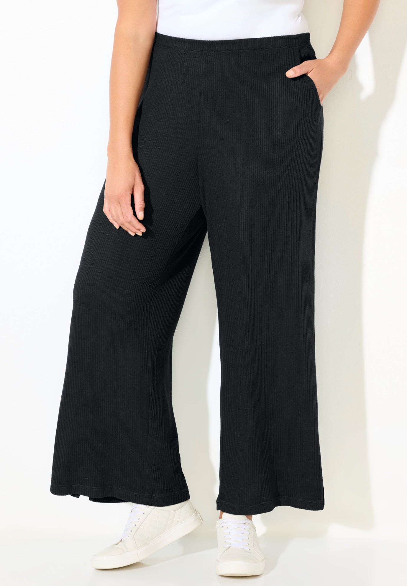 AnyWear Wide Leg Hacci Ribbed Pant, BLACK, hi-res image number 0