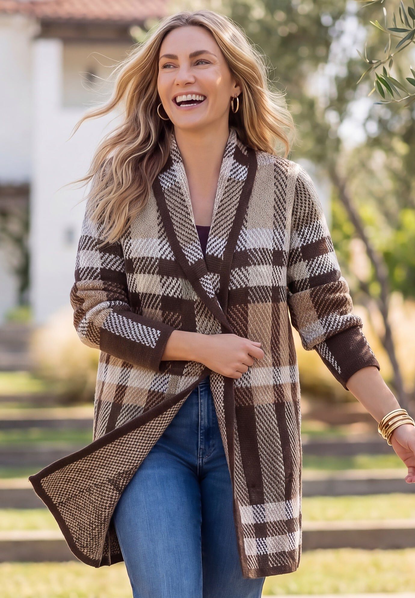 Country Village Sweater Cardigan, COFFEE BEAN PLAID, hi-res image number 0