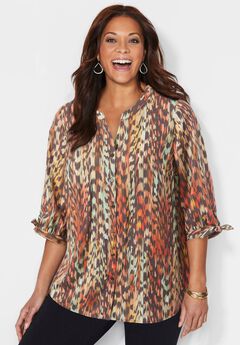 Georgette Buttonfront Tie Sleeve Cafe Blouse