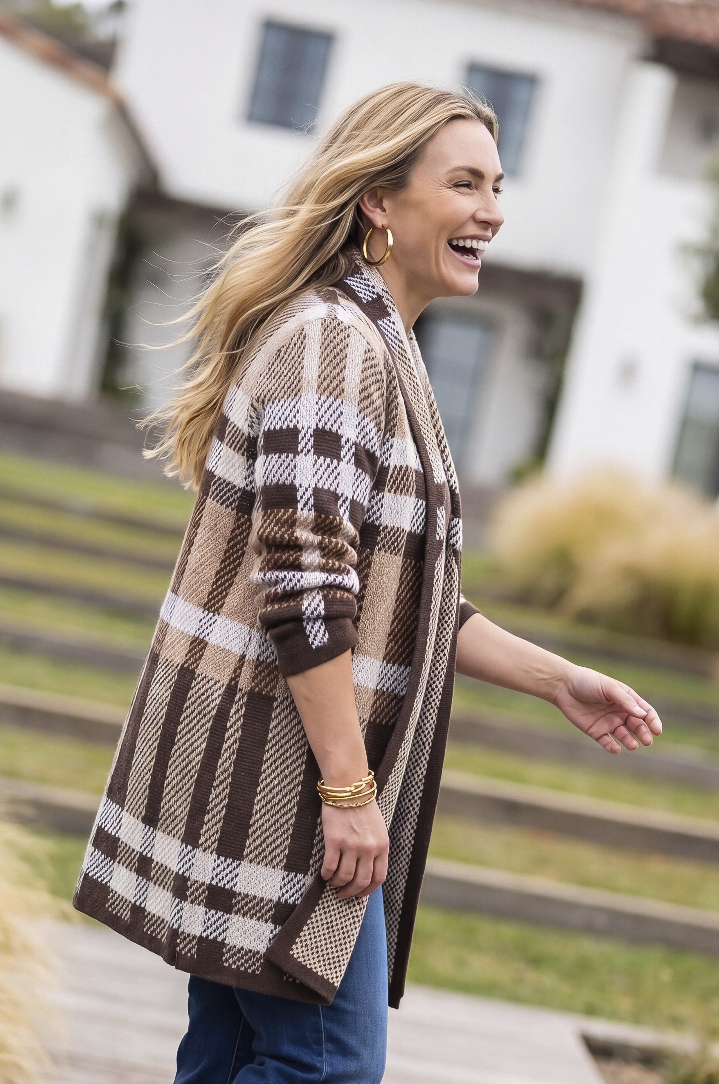Country Village Sweater Cardigan, COFFEE BEAN PLAID, alternate image number 2