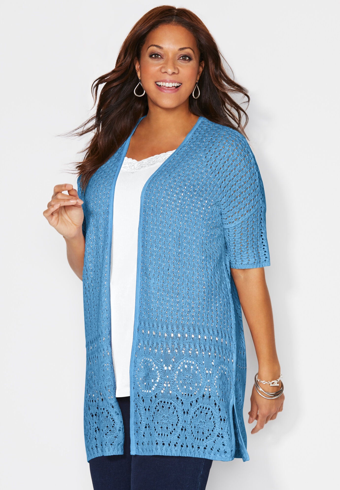 Elegant Crochet Cardigan, BLUE SKY, hi-res image number 0