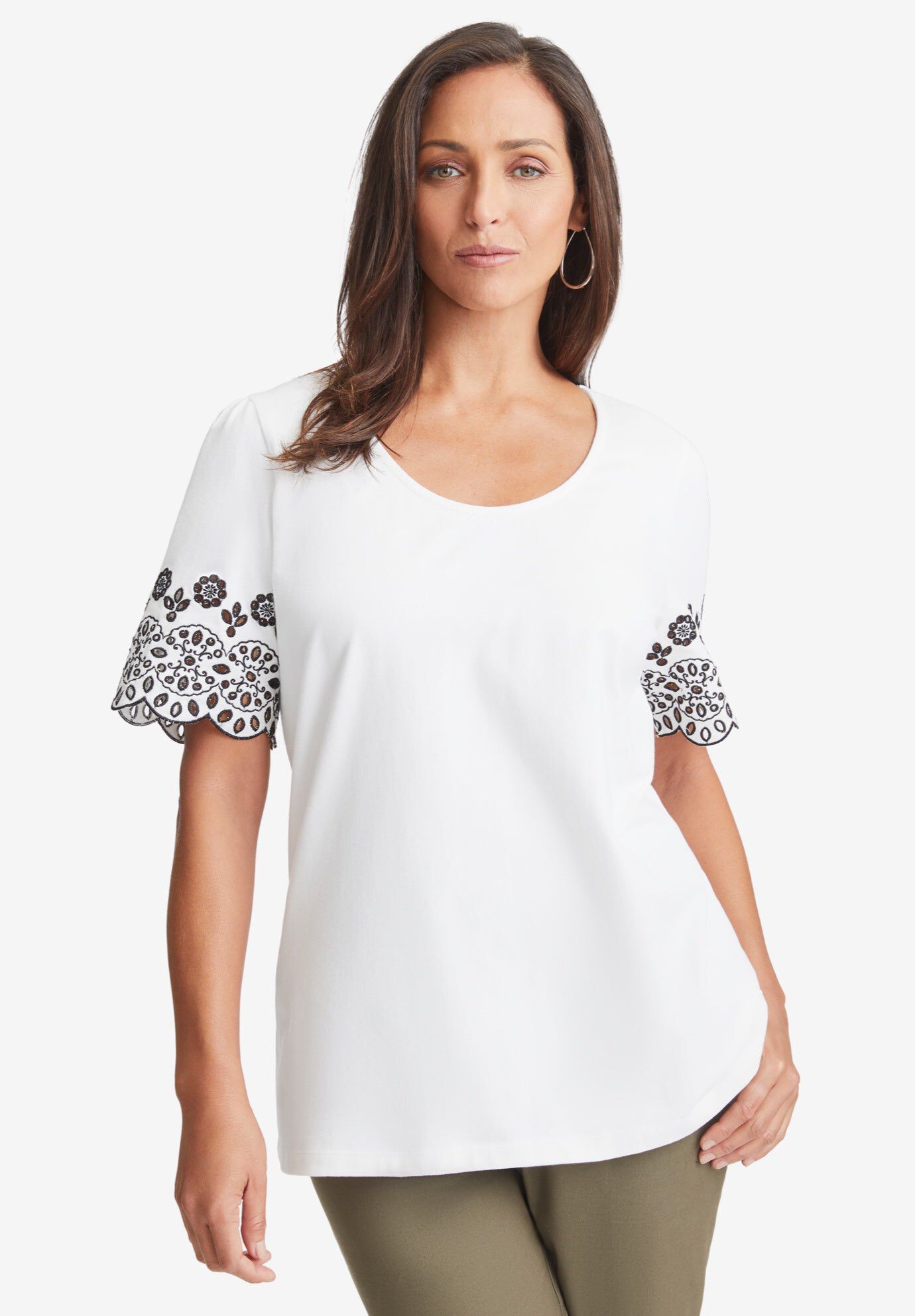 Eyelet Scoop-Neck Tee, WHITE MEDALLION EMBROIDERY, hi-res image number 0
