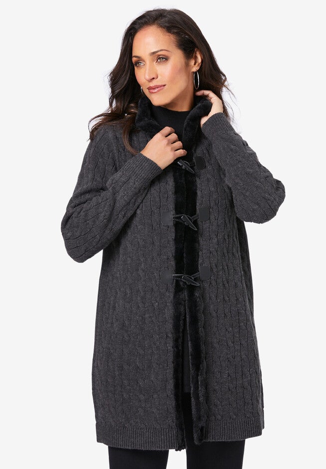 Fur Trim Toggle Cardigan, HEATHER CHARCOAL, hi-res image number 0