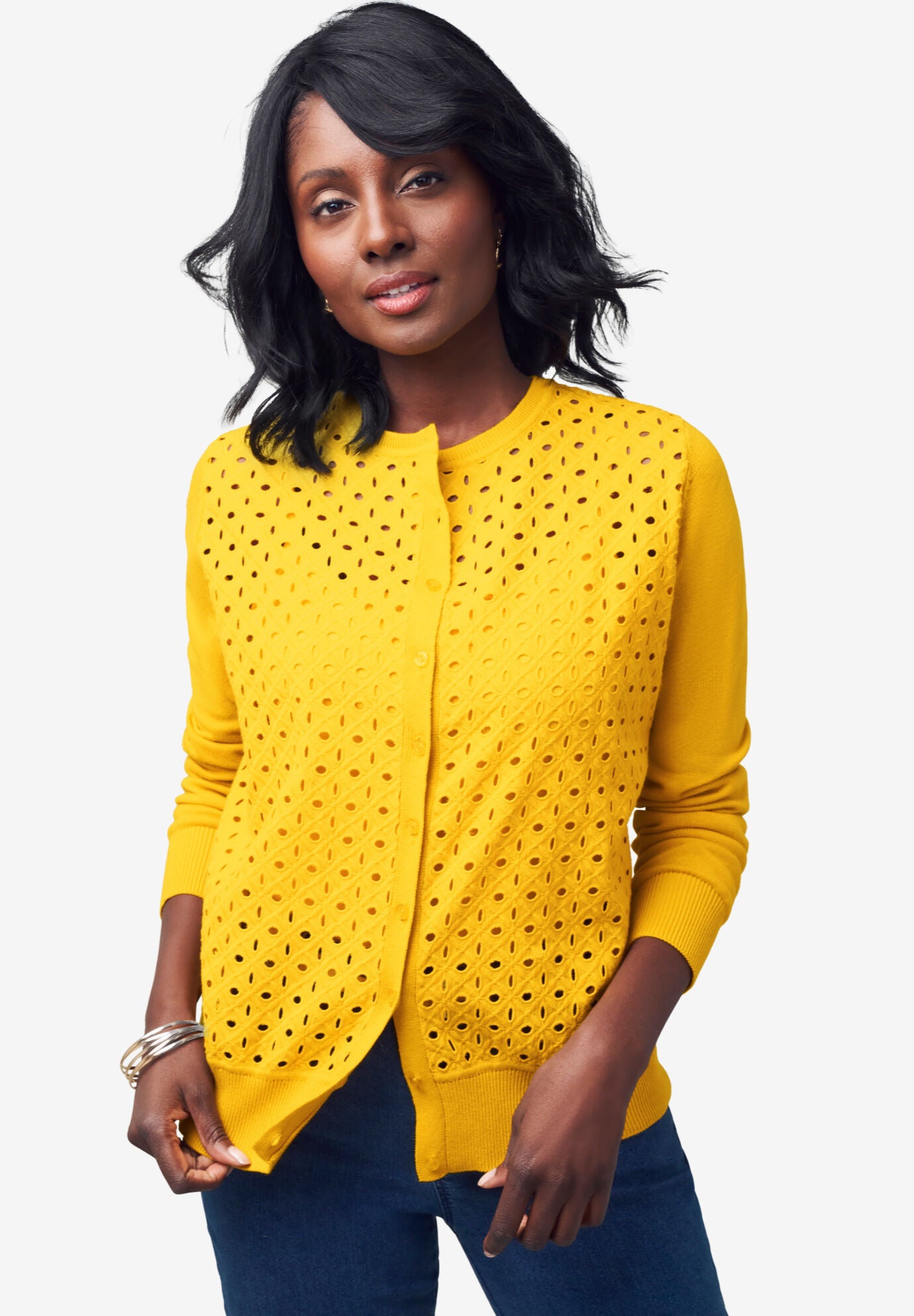Fine Gauge Eyelet Cardigan Long Sleeve, Sunset Yellow Woman Within