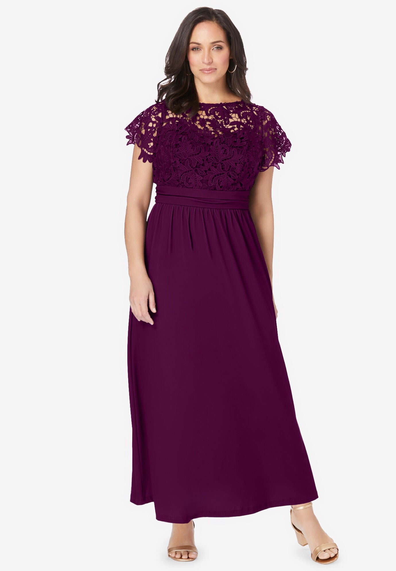 Elegant Lace Maxi Dress with Sweetheart Neckline, Dark Berry | Woman Within