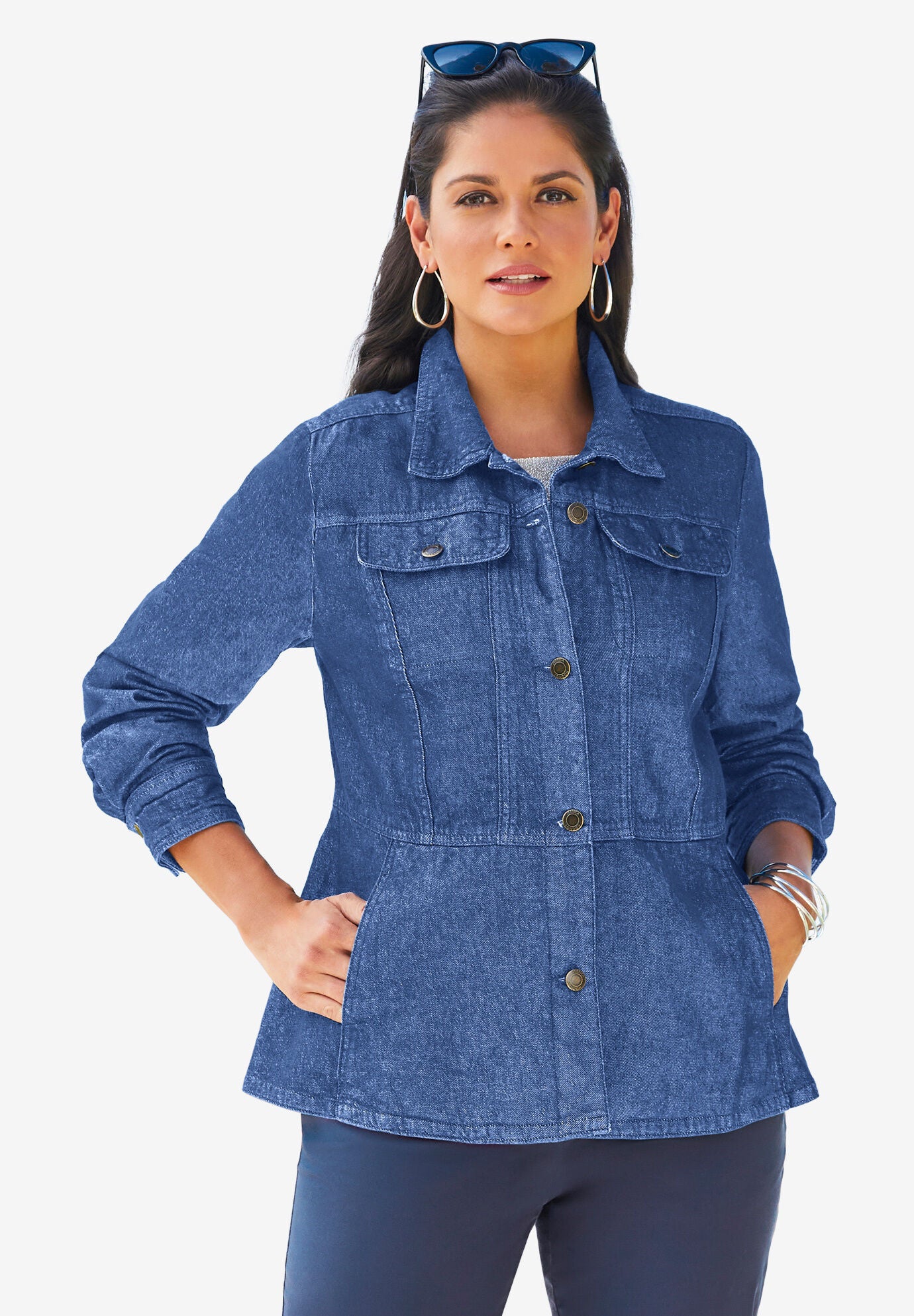 Woman Within Womens Plus Size Pleat-Back Denim Jacket Shops Plus-Size