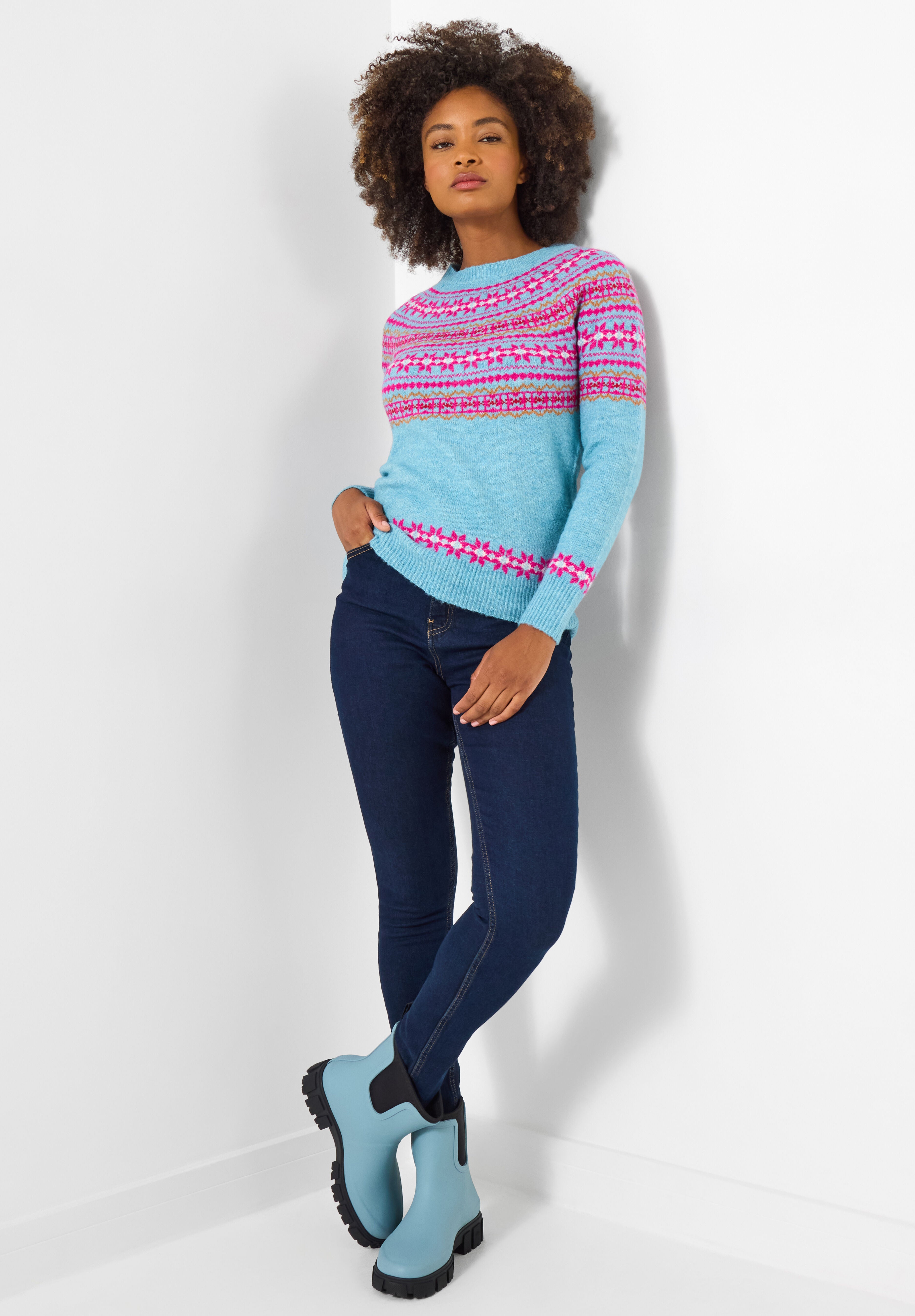 Fair Isle Rib Trim Crewneck Pullover, BLUE FAIRISLE, on-hover image number 1