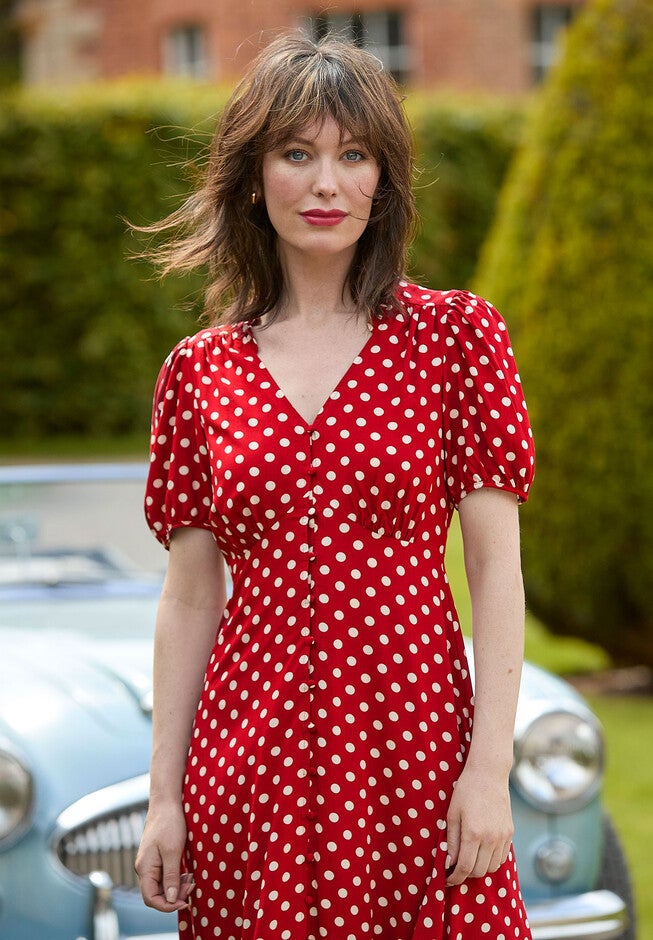 Retro Button-Front Knee-Length Dress, RETRO DOT, on-hover image number null