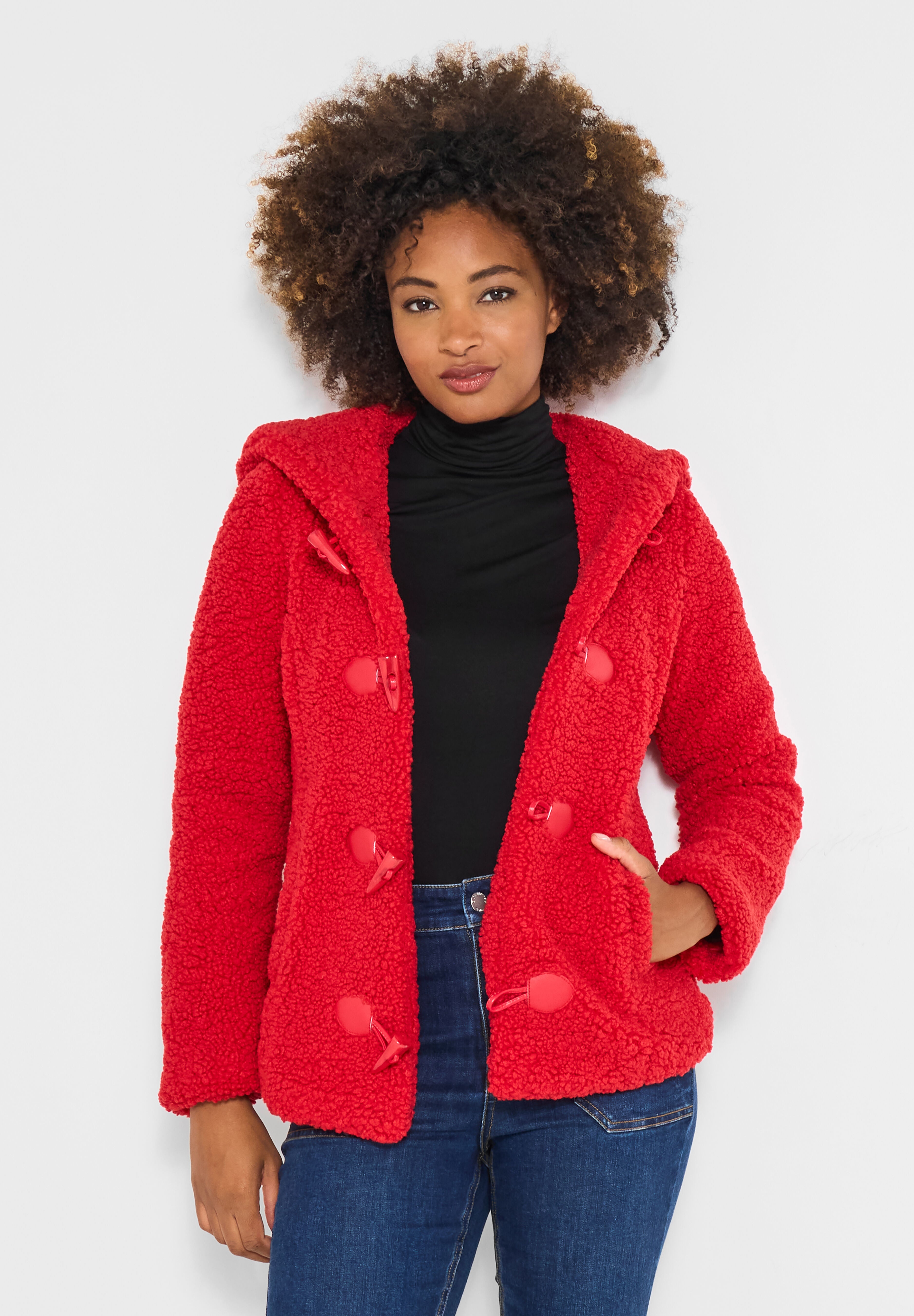 Hooded Sherpa Toggle Jacket, BRIGHT RED, hi-res image number 0