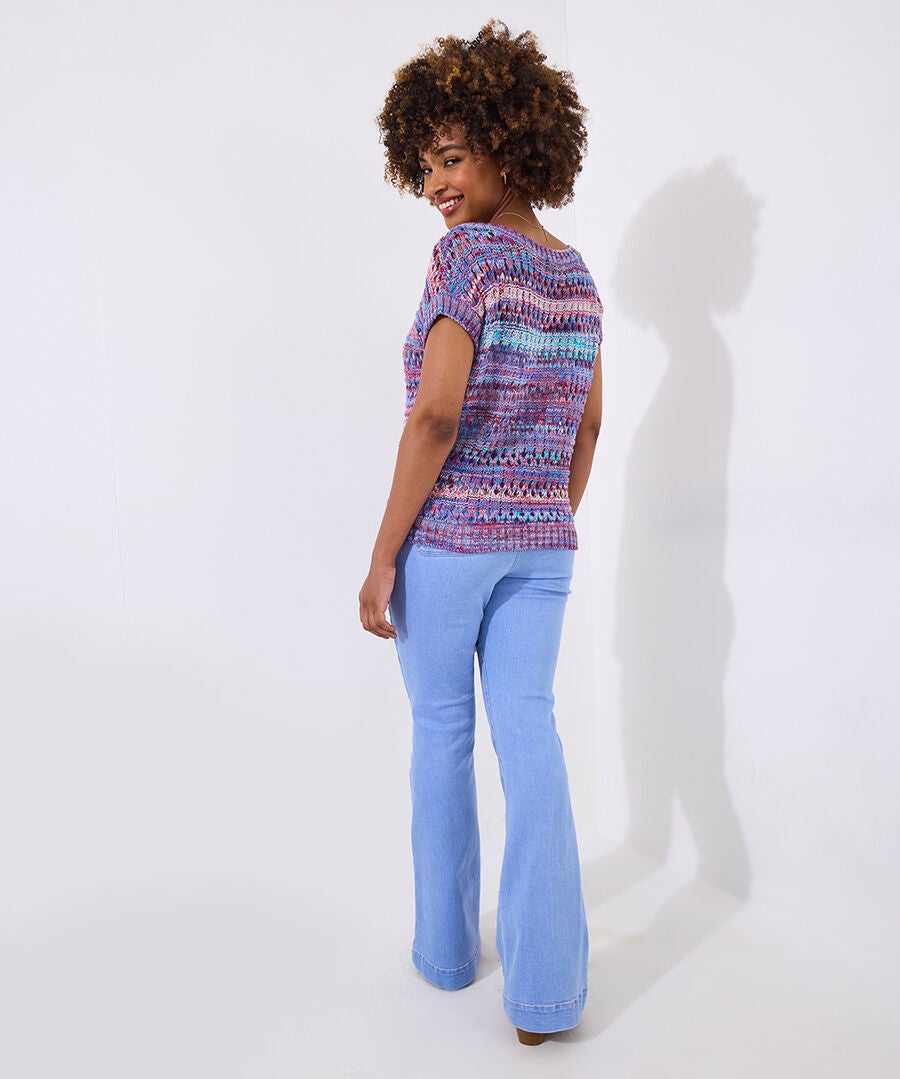 Short Sleeve Pointelle Sweater, MULTICOLOR STRIPE, on-hover image number 1