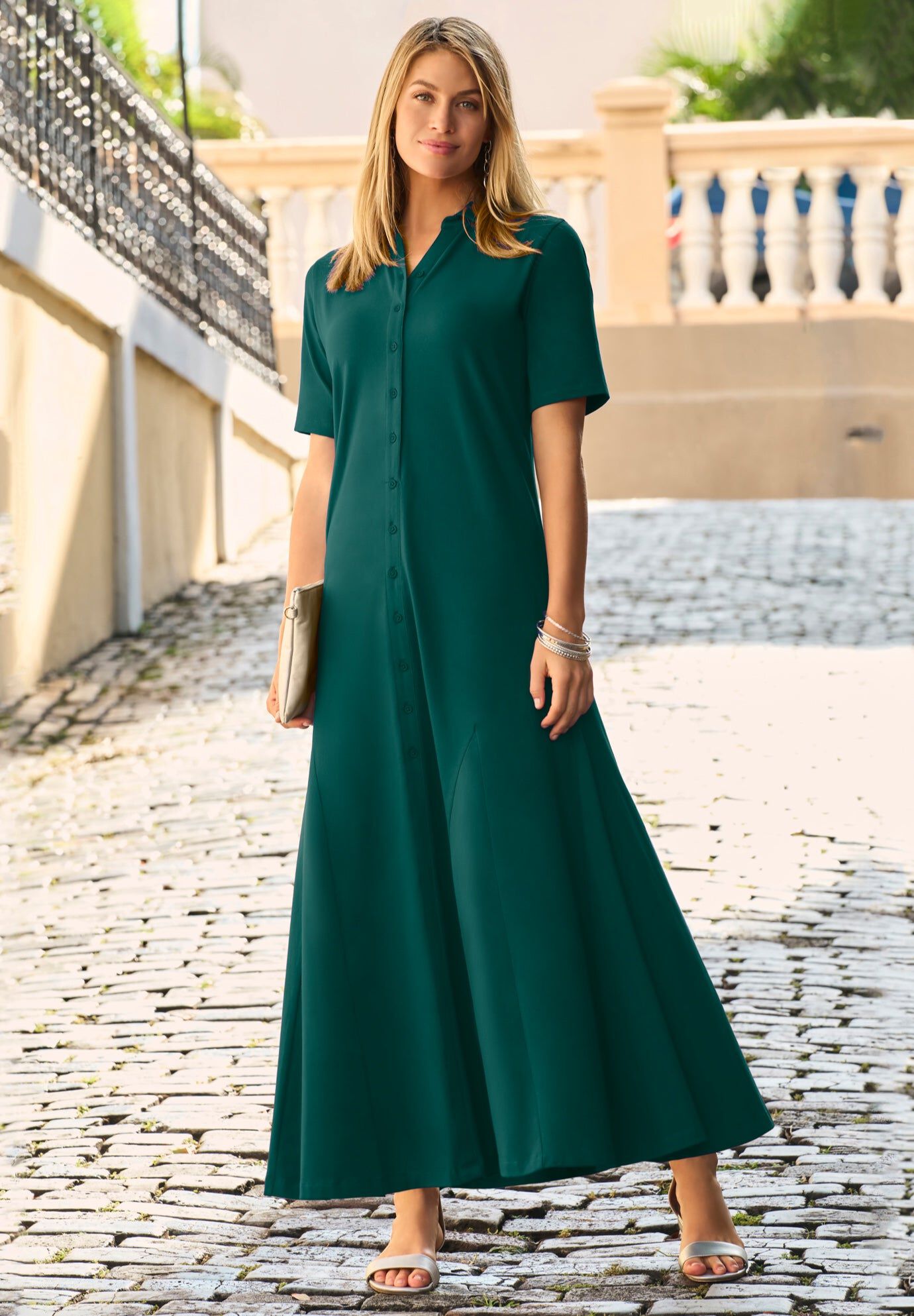 Stretch Cotton Button Front Maxi Dress, EMERALD GREEN, hi-res image number 0
