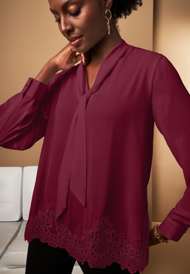 Lace Trim Bow Blouse, MERLOT, alternate image number 2
