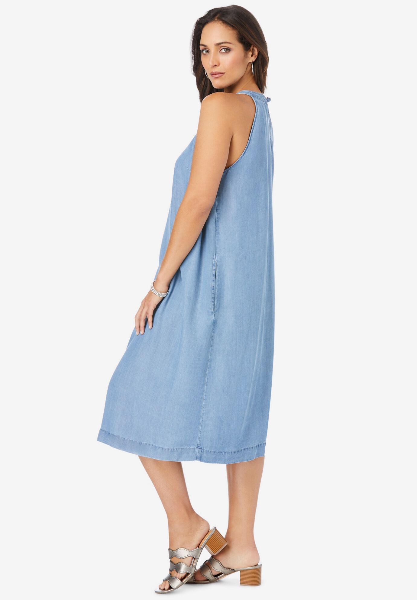 Denim&nbsp;Tie-Neck Dress, LIGHT WASH, alternate image number 2