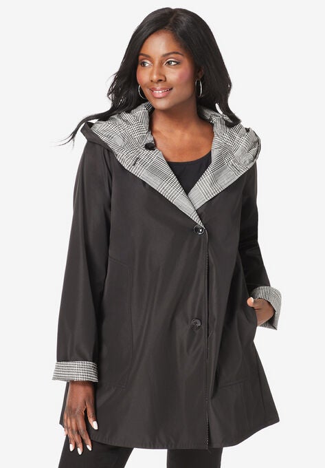 Reversible A-Line Raincoat, BLACK IVORY GLEN PLAID, hi-res image number null