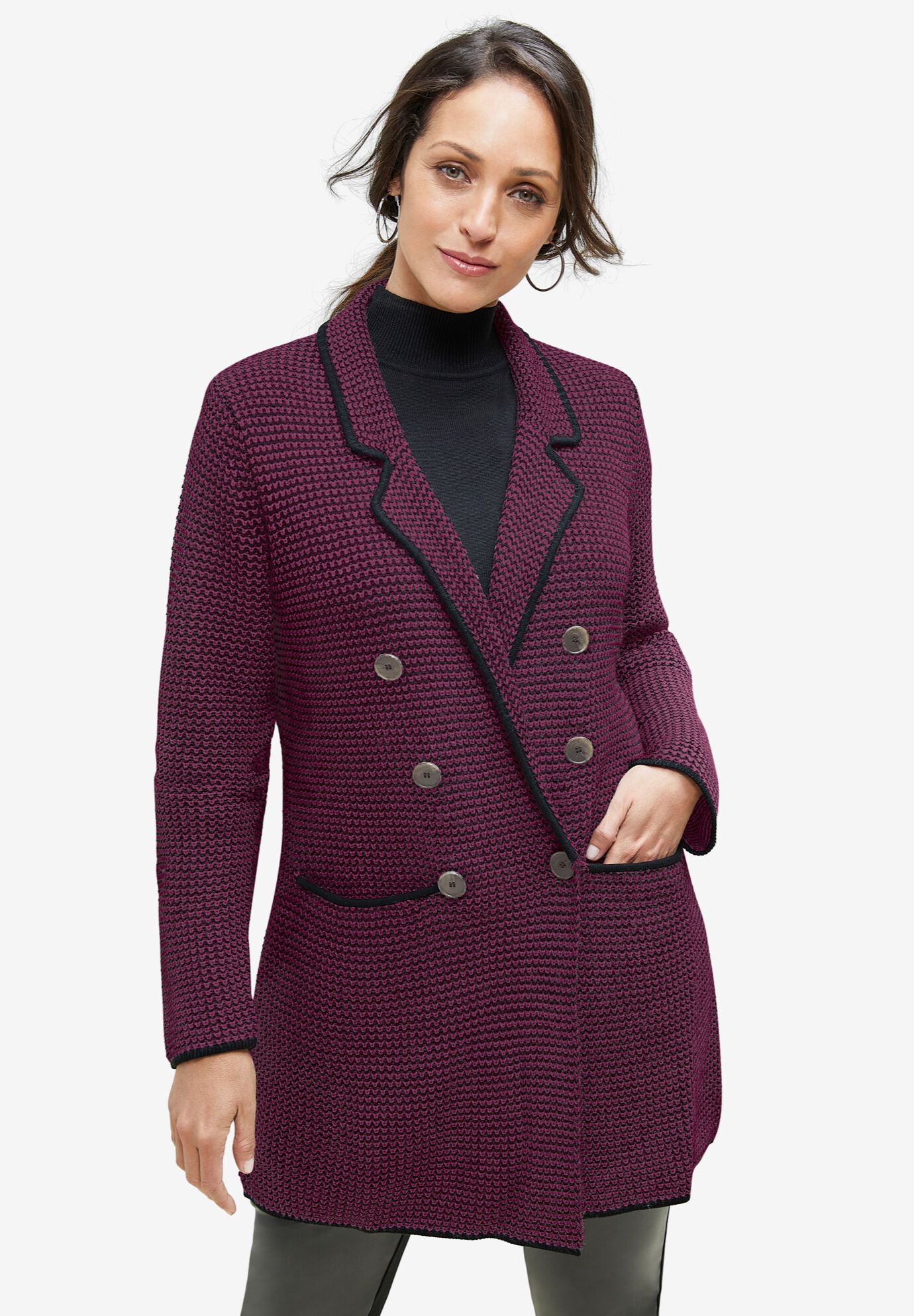 Double-Breasted Sweater Blazer, DEEP CLARET BLACK, hi-res image number 0