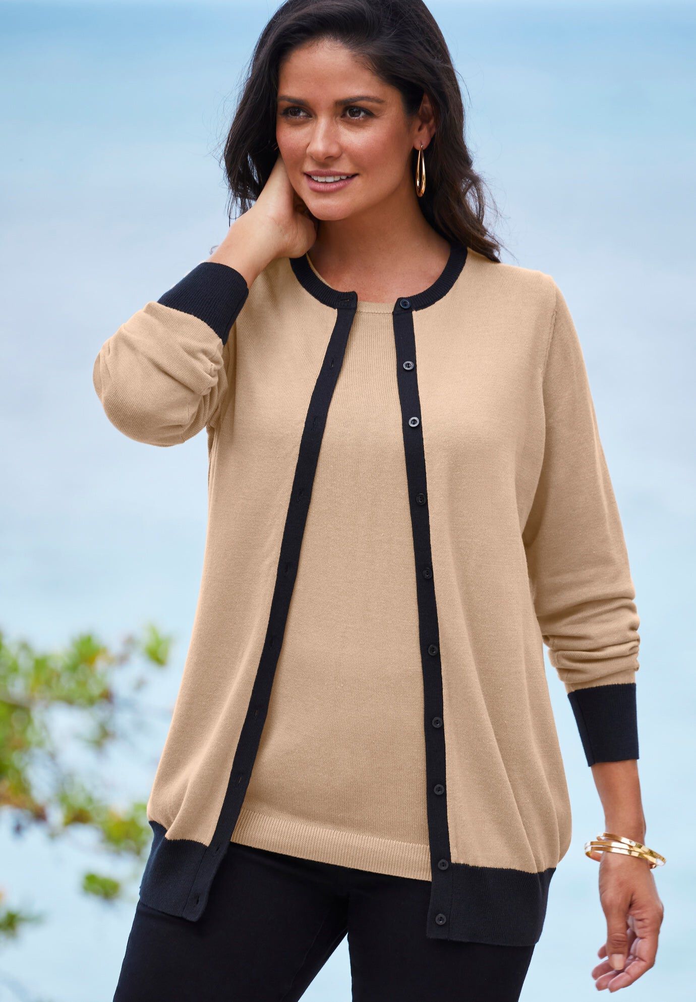 Fine Gauge Cardigan, NEW KHAKI BLACK, hi-res image number 0
