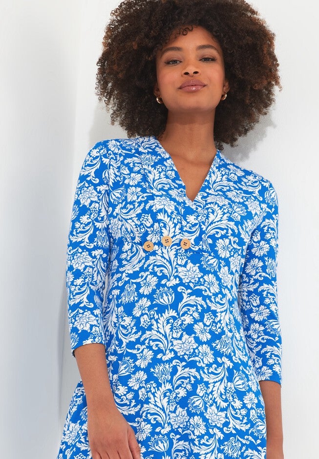 Stretch Knit Asymmetrical Tunic, BLUE DAMASK, on-hover image number null