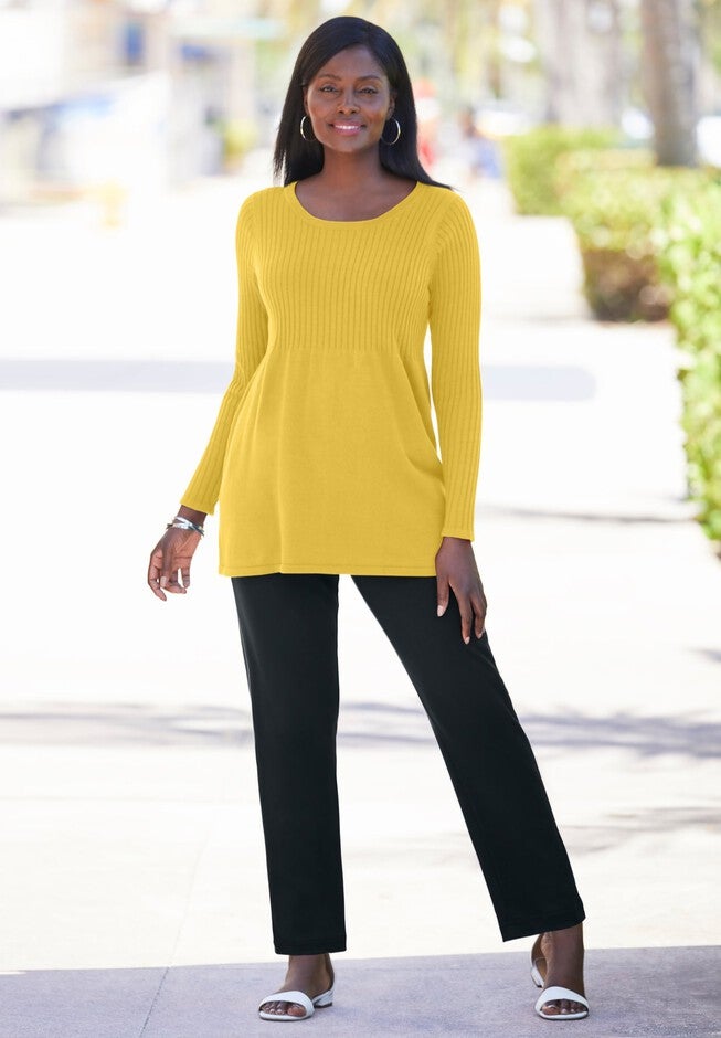 Ribbed Baby Doll Tunic Sweater, OLIVE YELLOW, hi-res image number 0