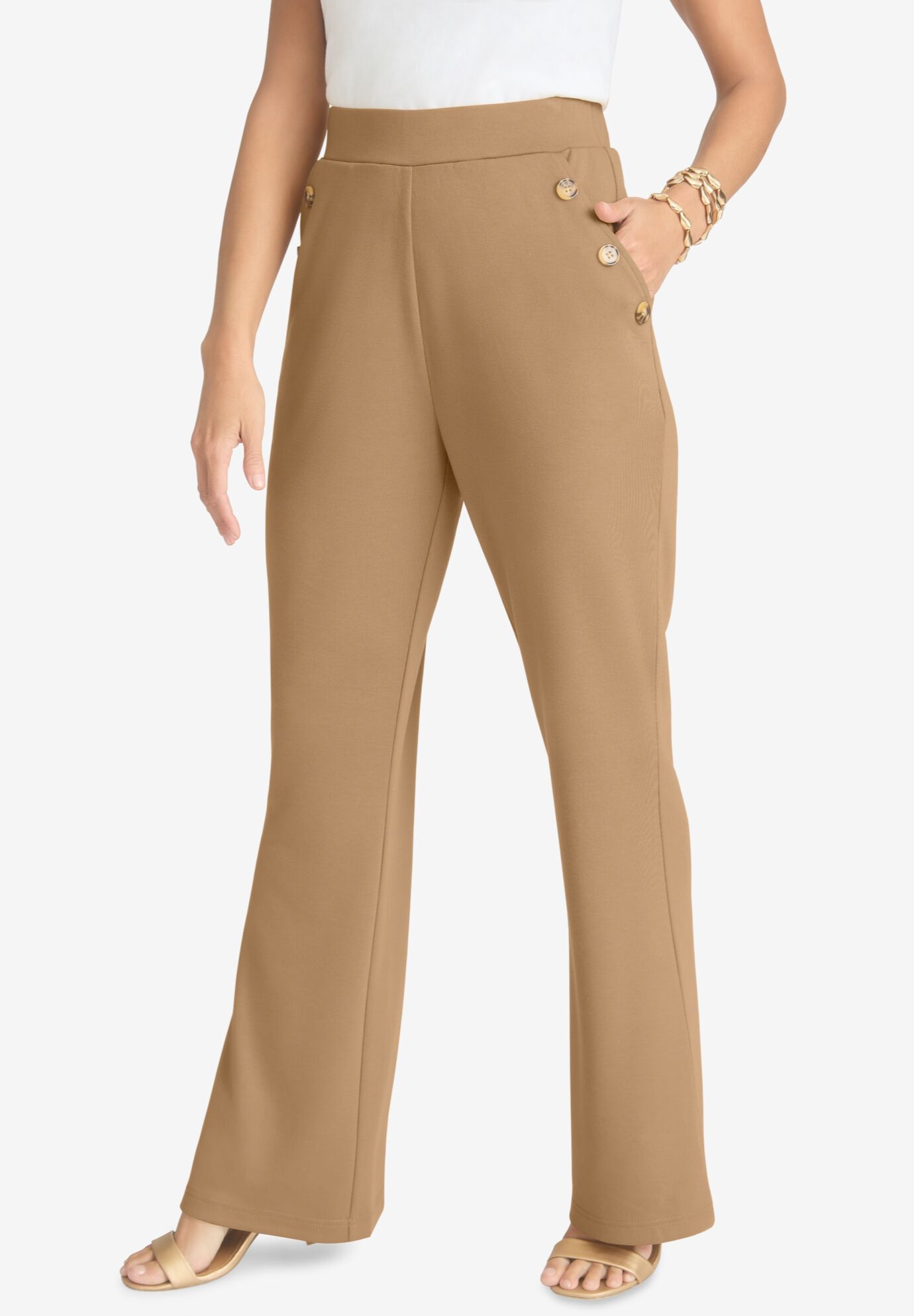 Ponte Button Flare Pants, SOFT CAMEL, hi-res image number 0