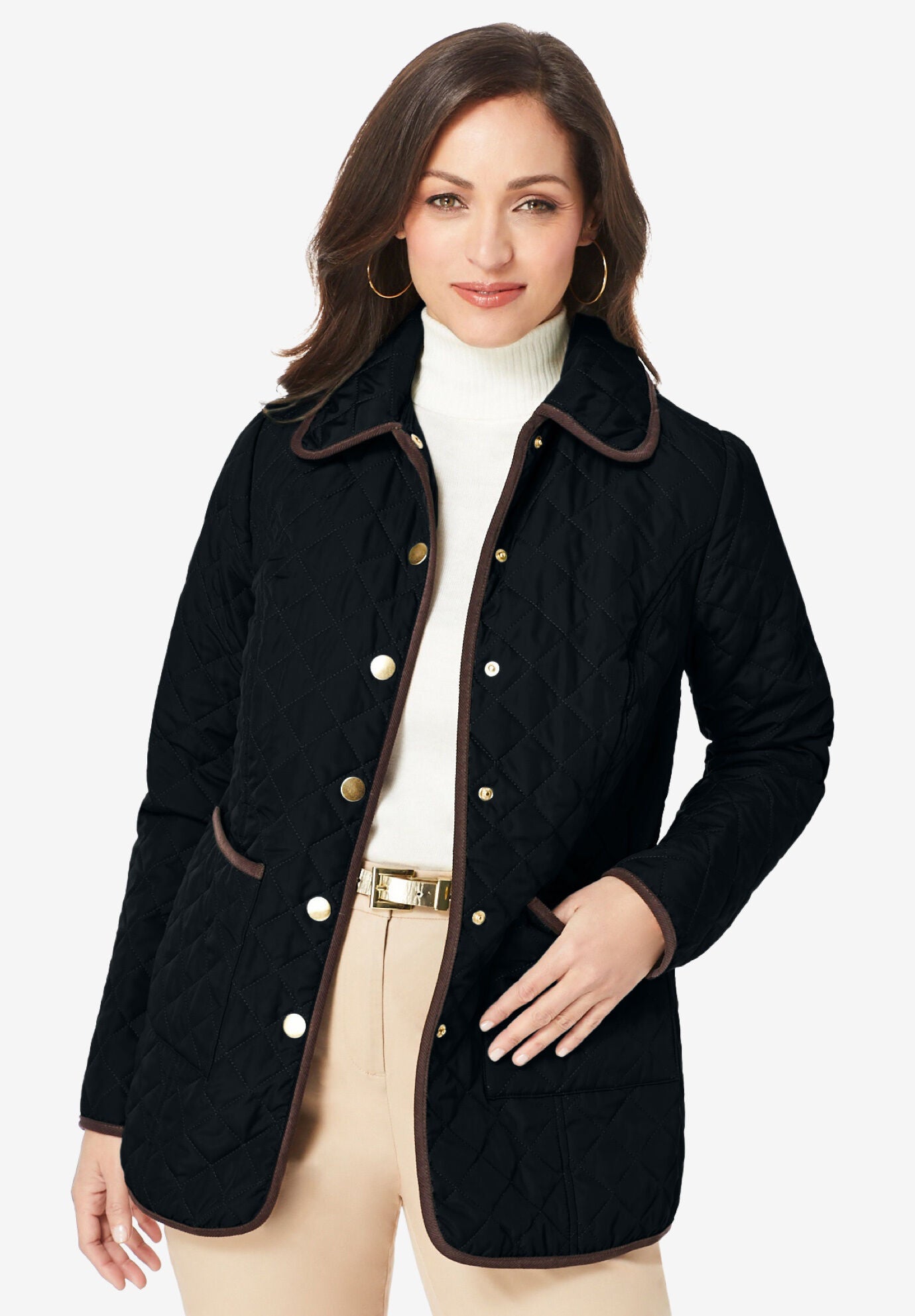 Snap-Front Quilted Coat for Cold Weather, Black | Woman Within