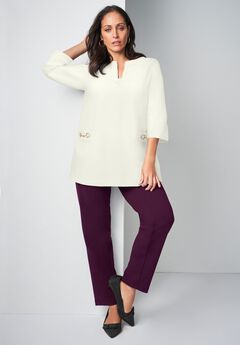 Gold Detail Split Neck Stretch Knit Tunic