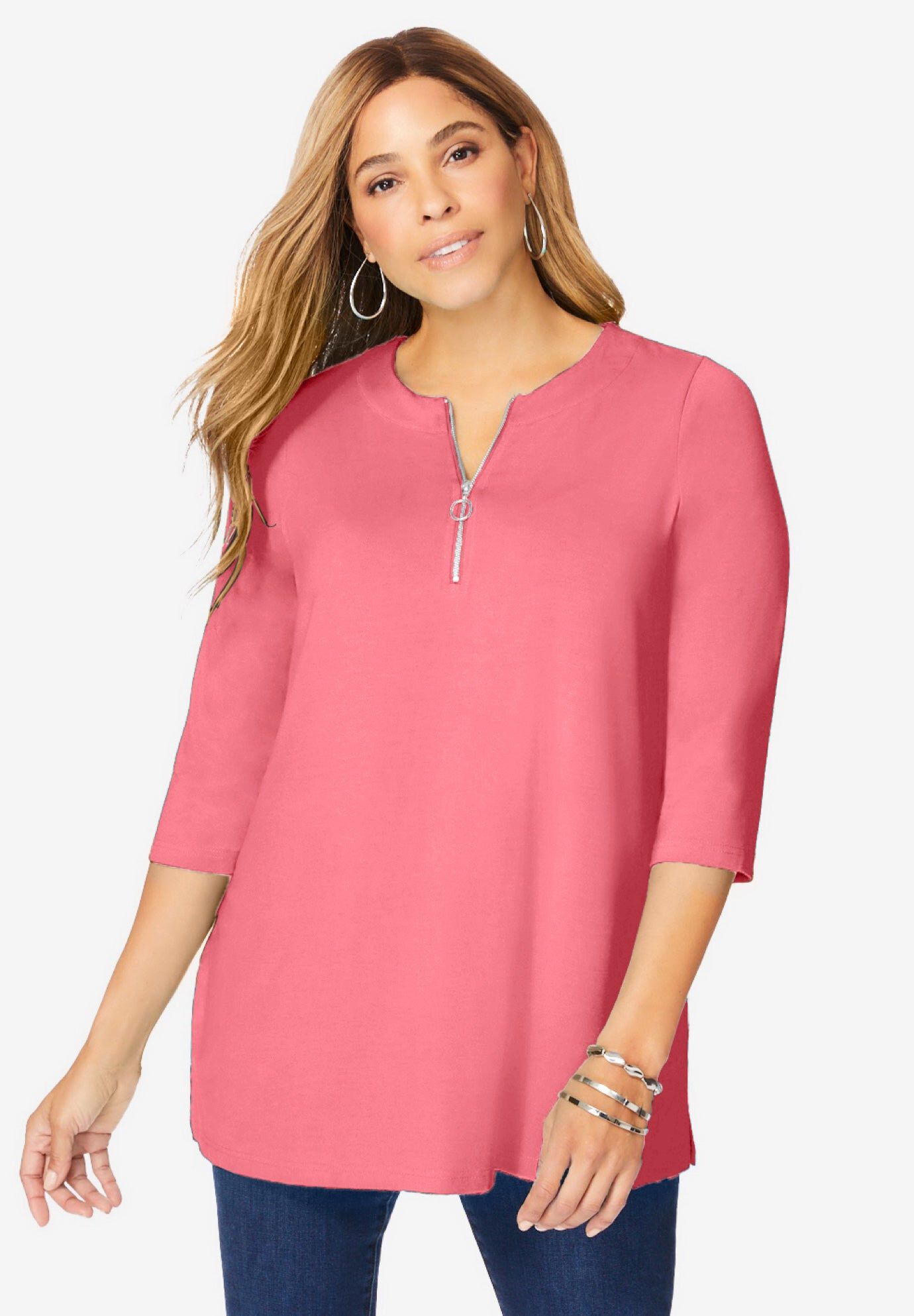 Stretch Knit Zip Tunic, TEA ROSE, hi-res image number 0