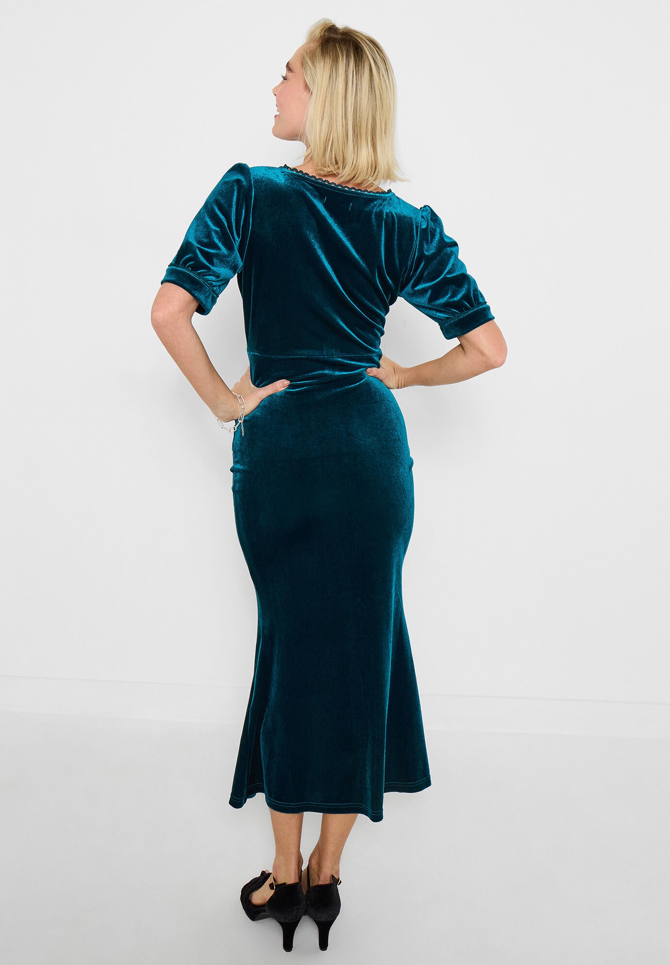 Stretch Velvet Fluted Midi Dress, TEAL, alternate image number 3